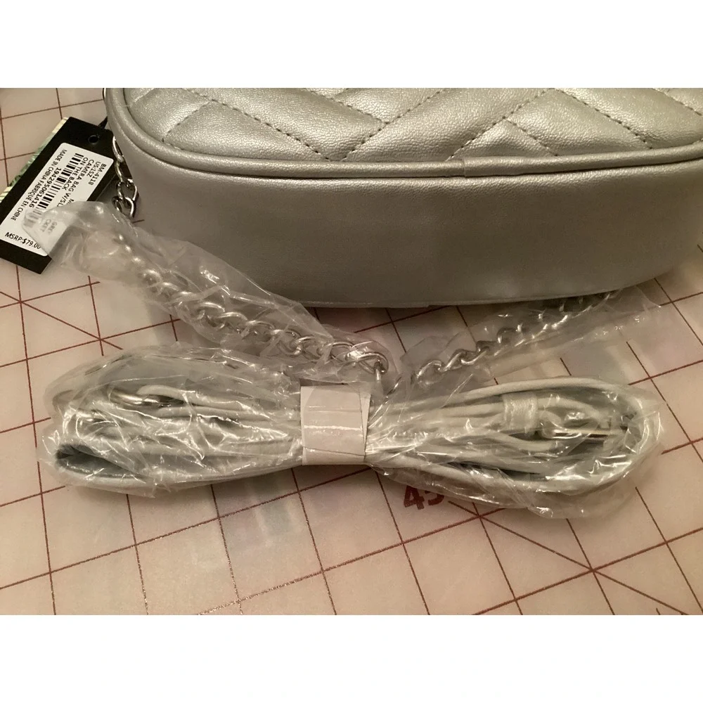 BM Quilted Crossbody Bag Metallic Silver Chain Strap‎ Mini Shoulder Purse
